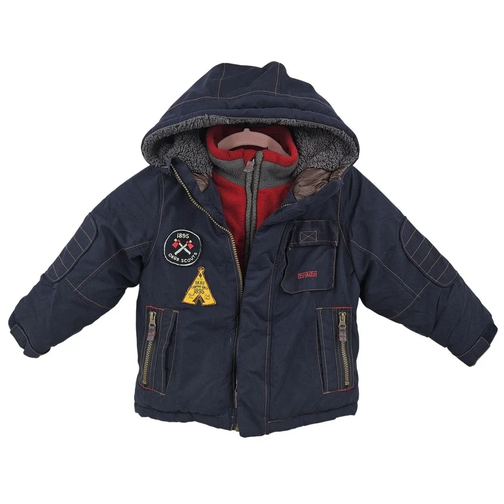 OshKosh B'gosh Jacket Boys 4 Navy Hooded Fleece Lined Parka Patches B213JS2-SA‎